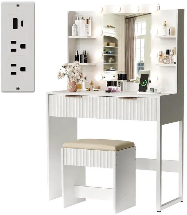 Alt view image 7 of 7 - VINGLI Fluted Makeup Vanity Desk with Mirror and Lights and Stools, Small Vanity Table with Bench Chair & 2 Drawers & 4 Storage Shelves, White Dressing Table Set for Girls Bedroom