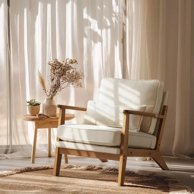 Main image of VINGLI Solid Wood Wide Armrests Accent Chair,Upholstered Mid Century Modern Chair with Pillow,Comfy Reading Chair Farmhouse Arm Chair,Chairs Living Room,Bedroom,Guest Room,Linen Fabric,Beige