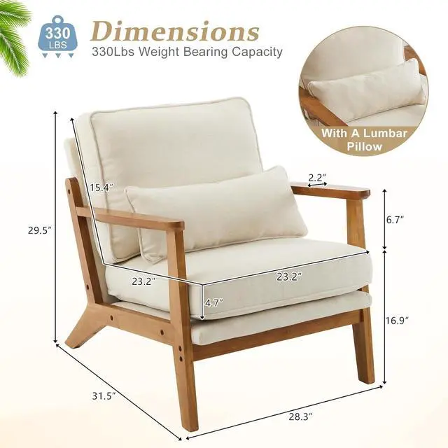 Alt view image 2 of 7 - VINGLI Solid Wood Wide Armrests Accent Chair,Upholstered Mid Century Modern Chair with Pillow,Comfy Reading Chair Farmhouse Arm Chair,Chairs Living Room,Bedroom,Guest Room,Linen Fabric,Beige