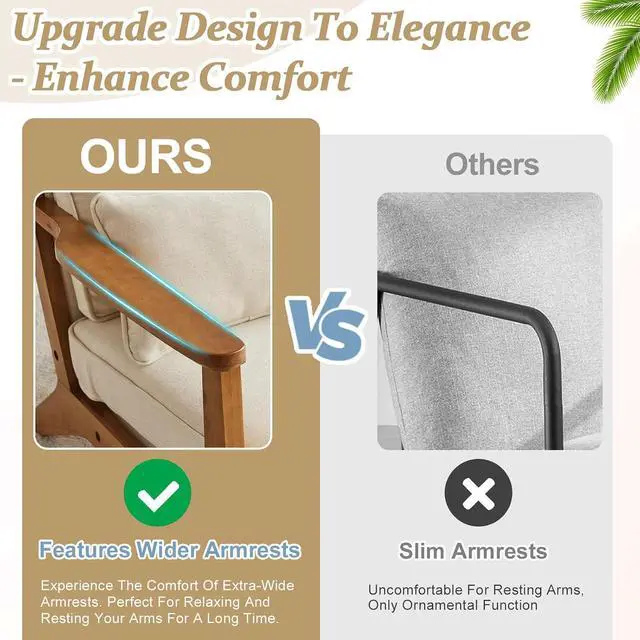 Alt view image 3 of 7 - VINGLI Solid Wood Wide Armrests Accent Chair,Upholstered Mid Century Modern Chair with Pillow,Comfy Reading Chair Farmhouse Arm Chair,Chairs Living Room,Bedroom,Guest Room,Linen Fabric,Beige