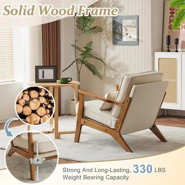Alt view image 4 of 7 - VINGLI Solid Wood Wide Armrests Accent Chair,Upholstered Mid Century Modern Chair with Pillow,Comfy Reading Chair Farmhouse Arm Chair,Chairs Living Room,Bedroom,Guest Room,Linen Fabric,Beige