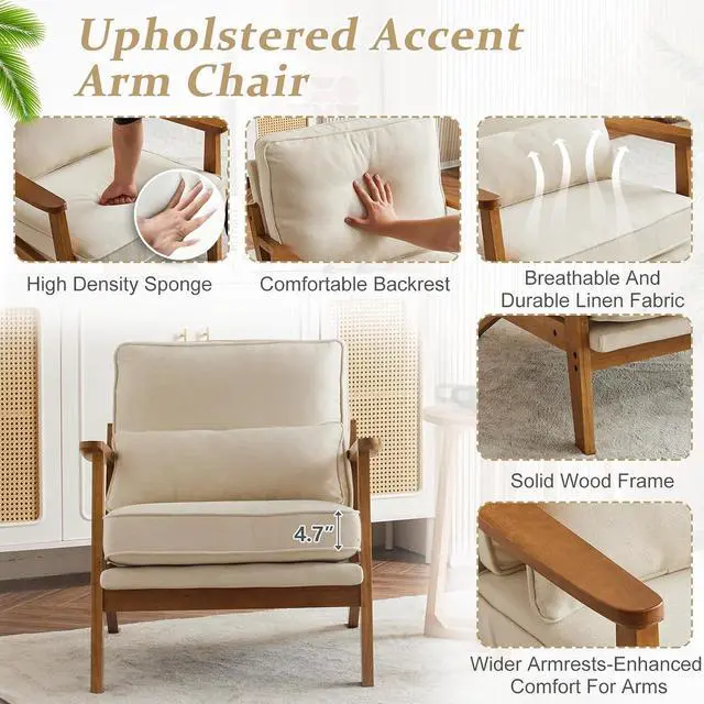 Alt view image 5 of 7 - VINGLI Solid Wood Wide Armrests Accent Chair,Upholstered Mid Century Modern Chair with Pillow,Comfy Reading Chair Farmhouse Arm Chair,Chairs Living Room,Bedroom,Guest Room,Linen Fabric,Beige