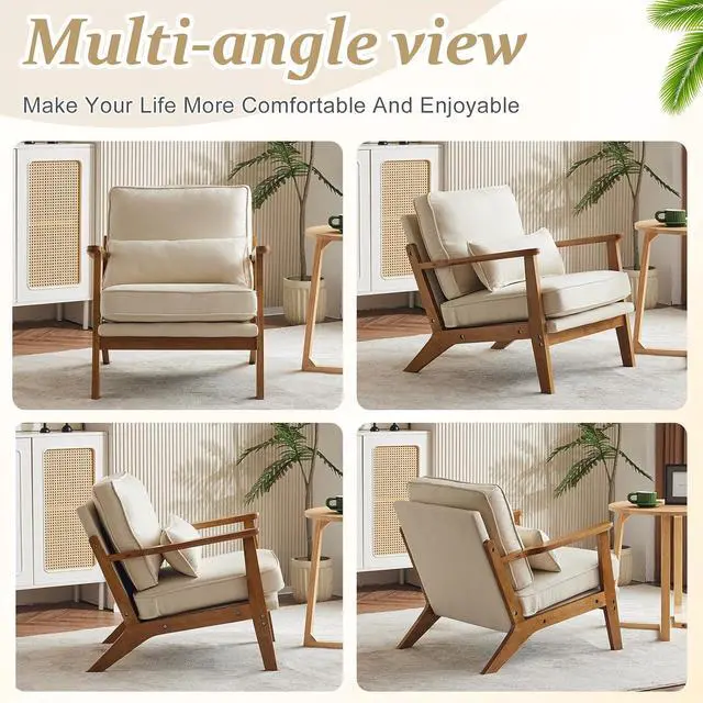 Alt view image 7 of 7 - VINGLI Solid Wood Wide Armrests Accent Chair,Upholstered Mid Century Modern Chair with Pillow,Comfy Reading Chair Farmhouse Arm Chair,Chairs Living Room,Bedroom,Guest Room,Linen Fabric,Beige