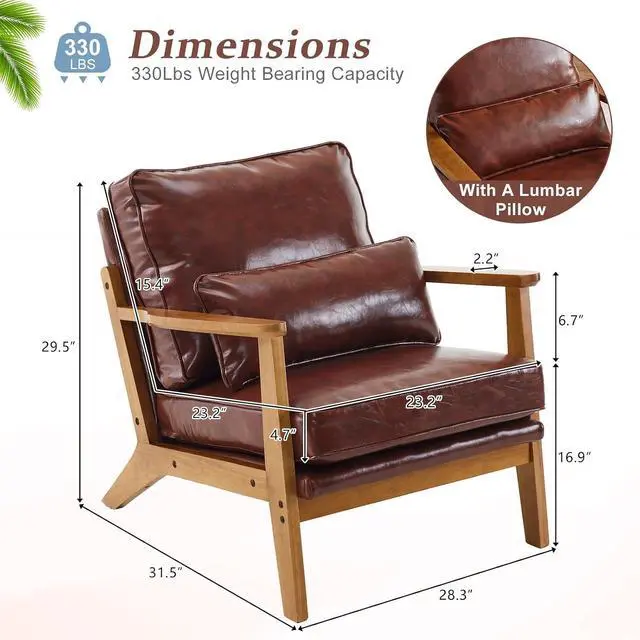 Alt view image 2 of 7 - VINGLI Solid Wood Wide Armrests Accent Chair,Upholstered Mid Century Modern Chair with Pillow,Comfy Reading Chair Farmhouse Arm Chair,Chairs Living Room,Bedroom,Guest Room,PU Leather,Dark Brown