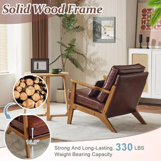 Alt view image 4 of 7 - VINGLI Solid Wood Wide Armrests Accent Chair,Upholstered Mid Century Modern Chair with Pillow,Comfy Reading Chair Farmhouse Arm Chair,Chairs Living Room,Bedroom,Guest Room,PU Leather,Dark Brown