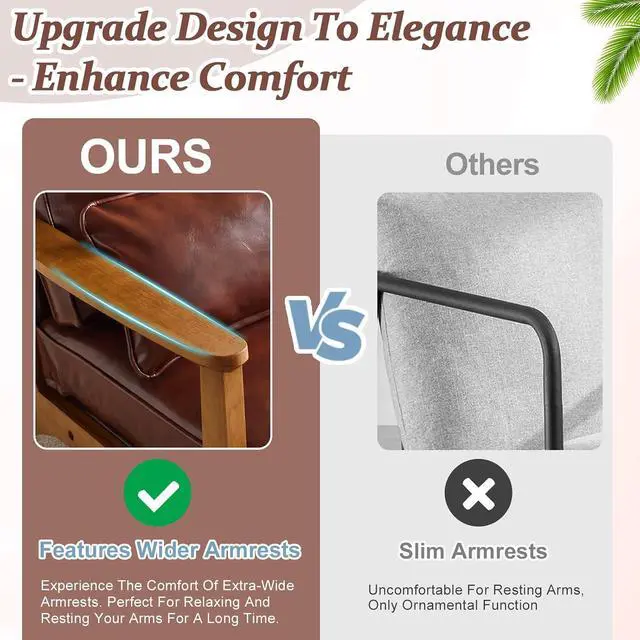 Alt view image 3 of 7 - VINGLI Solid Wood Wide Armrests Accent Chair,Upholstered Mid Century Modern Chair with Pillow,Comfy Reading Chair Farmhouse Arm Chair,Chairs Living Room,Bedroom,Guest Room,PU Leather,Dark Brown