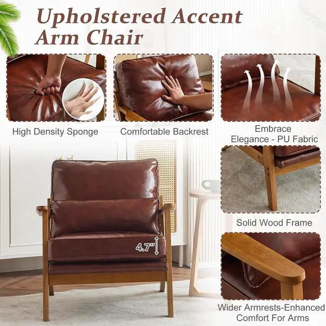 Alt view image 5 of 7 - VINGLI Solid Wood Wide Armrests Accent Chair,Upholstered Mid Century Modern Chair with Pillow,Comfy Reading Chair Farmhouse Arm Chair,Chairs Living Room,Bedroom,Guest Room,PU Leather,Dark Brown