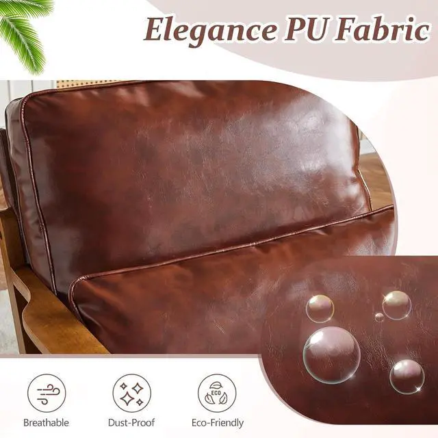 Alt view image 6 of 7 - VINGLI Solid Wood Wide Armrests Accent Chair,Upholstered Mid Century Modern Chair with Pillow,Comfy Reading Chair Farmhouse Arm Chair,Chairs Living Room,Bedroom,Guest Room,PU Leather,Dark Brown