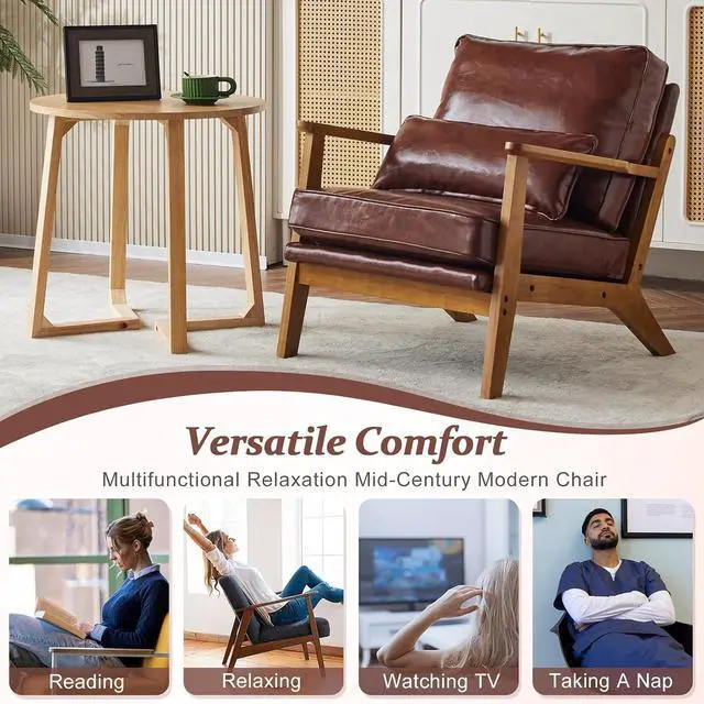 Alt view image 7 of 7 - VINGLI Solid Wood Wide Armrests Accent Chair,Upholstered Mid Century Modern Chair with Pillow,Comfy Reading Chair Farmhouse Arm Chair,Chairs Living Room,Bedroom,Guest Room,PU Leather,Dark Brown