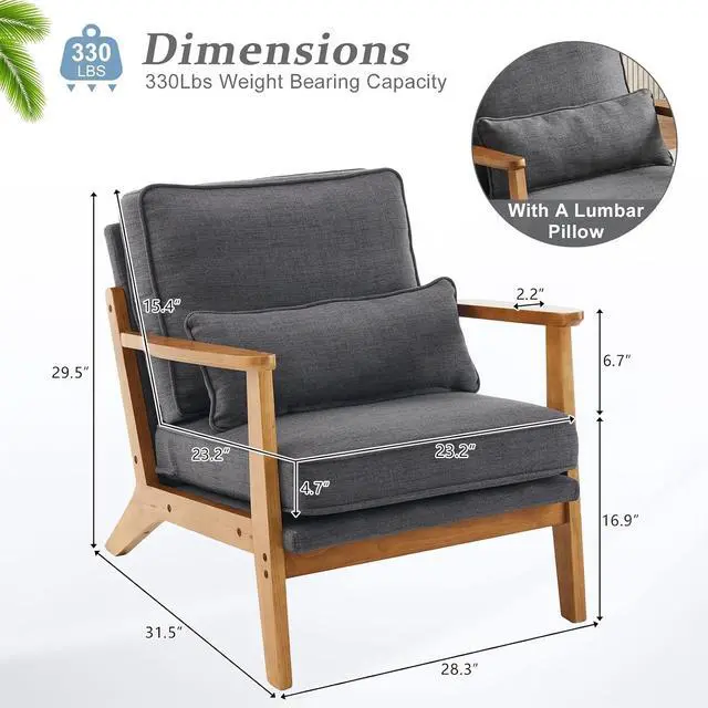 Alt view image 2 of 7 - VINGLI Solid Wood Wide Armrests Accent Chair,Upholstered Mid Century Modern Chair with Pillow,Comfy Reading Chair Farmhouse Arm Chair,Chairs Living Room,Bedroom,Guest Room,Linen Fabric,Dark Grey