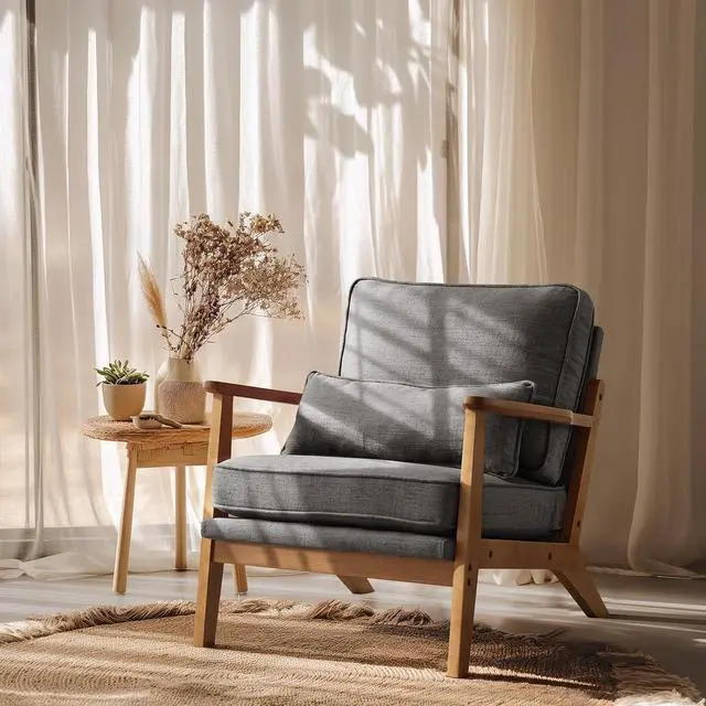 Main image of VINGLI Solid Wood Wide Armrests Accent Chair,Upholstered Mid Century Modern Chair with Pillow,Comfy Reading Chair Farmhouse Arm Chair,Chairs Living Room,Bedroom,Guest Room,Linen Fabric,Dark Grey