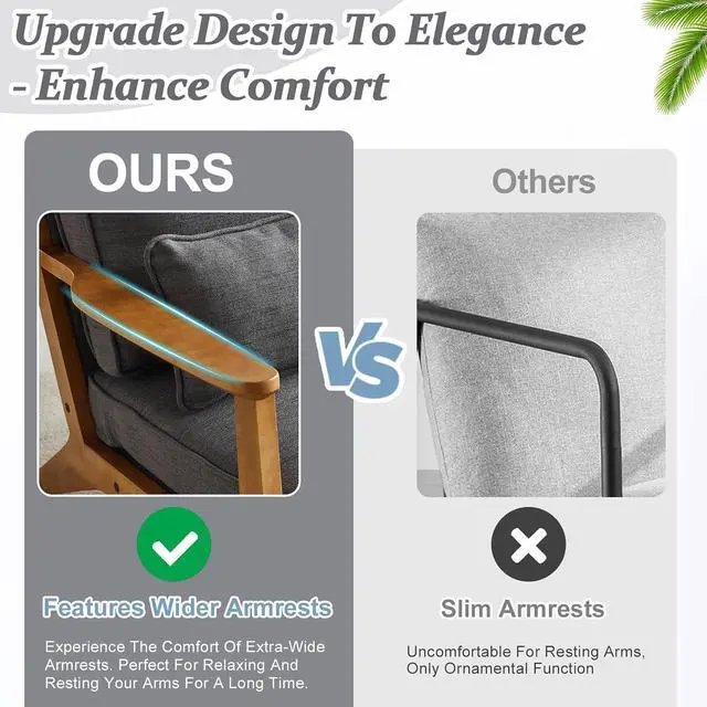 Alt view image 3 of 7 - VINGLI Solid Wood Wide Armrests Accent Chair,Upholstered Mid Century Modern Chair with Pillow,Comfy Reading Chair Farmhouse Arm Chair,Chairs Living Room,Bedroom,Guest Room,Linen Fabric,Dark Grey