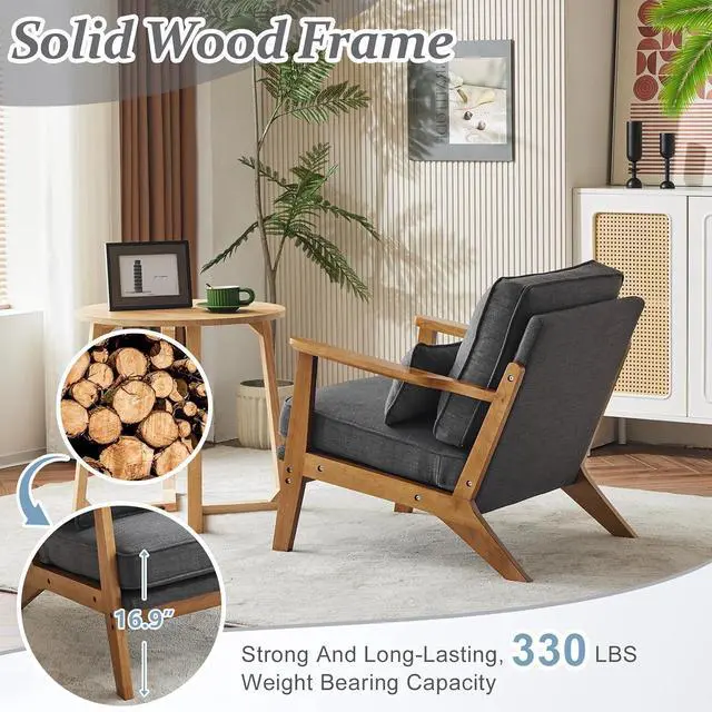 Alt view image 4 of 7 - VINGLI Solid Wood Wide Armrests Accent Chair,Upholstered Mid Century Modern Chair with Pillow,Comfy Reading Chair Farmhouse Arm Chair,Chairs Living Room,Bedroom,Guest Room,Linen Fabric,Dark Grey