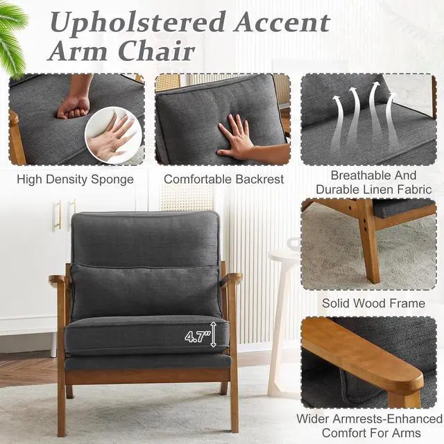 Alt view image 5 of 7 - VINGLI Solid Wood Wide Armrests Accent Chair,Upholstered Mid Century Modern Chair with Pillow,Comfy Reading Chair Farmhouse Arm Chair,Chairs Living Room,Bedroom,Guest Room,Linen Fabric,Dark Grey