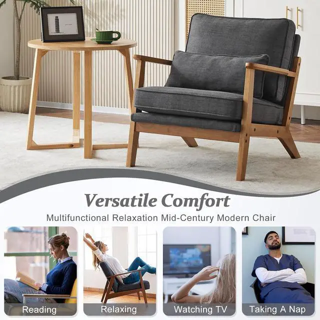 Alt view image 7 of 7 - VINGLI Solid Wood Wide Armrests Accent Chair,Upholstered Mid Century Modern Chair with Pillow,Comfy Reading Chair Farmhouse Arm Chair,Chairs Living Room,Bedroom,Guest Room,Linen Fabric,Dark Grey