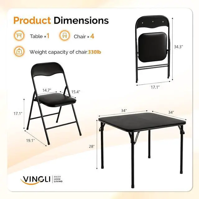 Alt view image 3 of 7 - VINGLI 5-Piece Padded Folding Card Table and Chairs Set, Black | Portable Folding Table & 4 Chair Set with Padded Vinyl Top Party, Game Night & Family Events