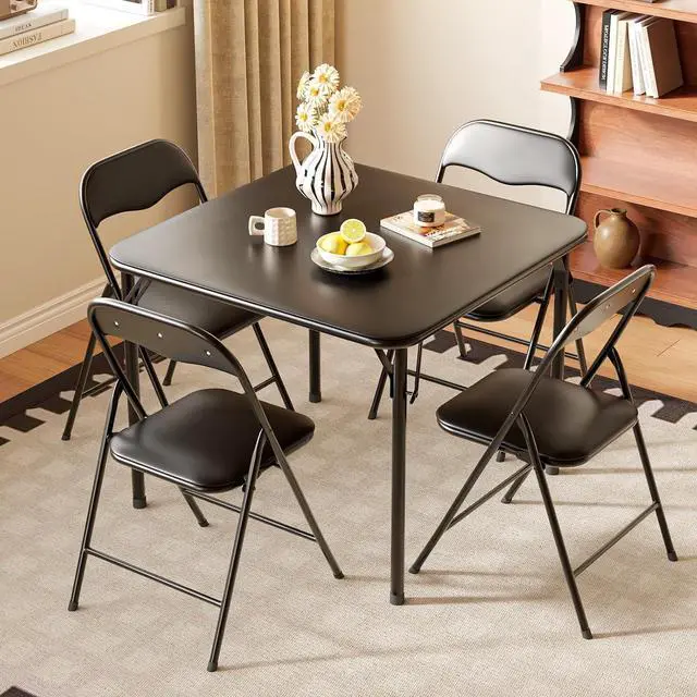 Alt view image 2 of 7 - VINGLI 5-Piece Padded Folding Card Table and Chairs Set, Black | Portable Folding Table & 4 Chair Set with Padded Vinyl Top Party, Game Night & Family Events
