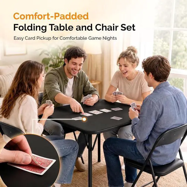 Alt view image 4 of 7 - VINGLI 5-Piece Padded Folding Card Table and Chairs Set, Black | Portable Folding Table & 4 Chair Set with Padded Vinyl Top Party, Game Night & Family Events