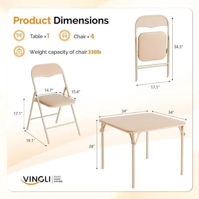 Alt view image 3 of 7 - VINGLI 5-Piece Padded Folding Card Table and Chairs Set, Khaki | Portable Folding Table & 4 Chair Set with Padded Vinyl Top Party, Game Night & Family Events