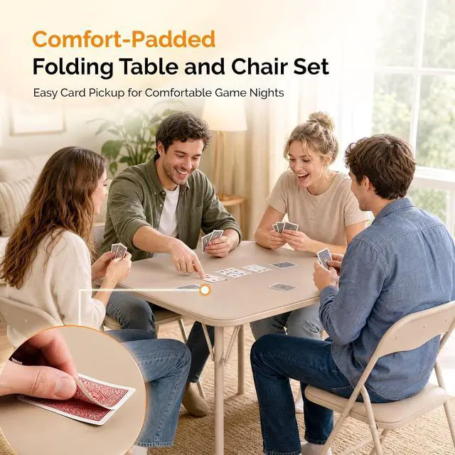 Alt view image 4 of 7 - VINGLI 5-Piece Padded Folding Card Table and Chairs Set, Khaki | Portable Folding Table & 4 Chair Set with Padded Vinyl Top Party, Game Night & Family Events