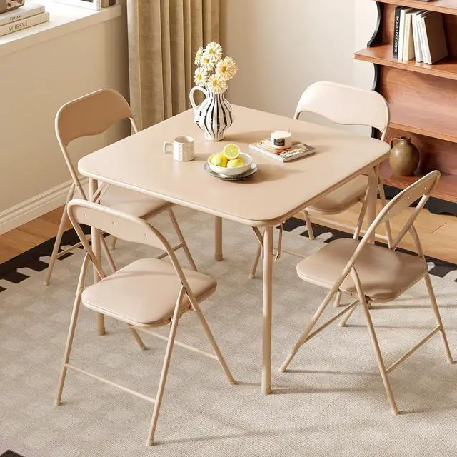 Alt view image 2 of 7 - VINGLI 5-Piece Padded Folding Card Table and Chairs Set, Khaki | Portable Folding Table & 4 Chair Set with Padded Vinyl Top Party, Game Night & Family Events