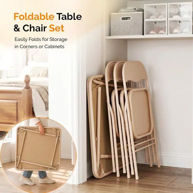 Alt view image 5 of 7 - VINGLI 5-Piece Padded Folding Card Table and Chairs Set, Khaki | Portable Folding Table & 4 Chair Set with Padded Vinyl Top Party, Game Night & Family Events