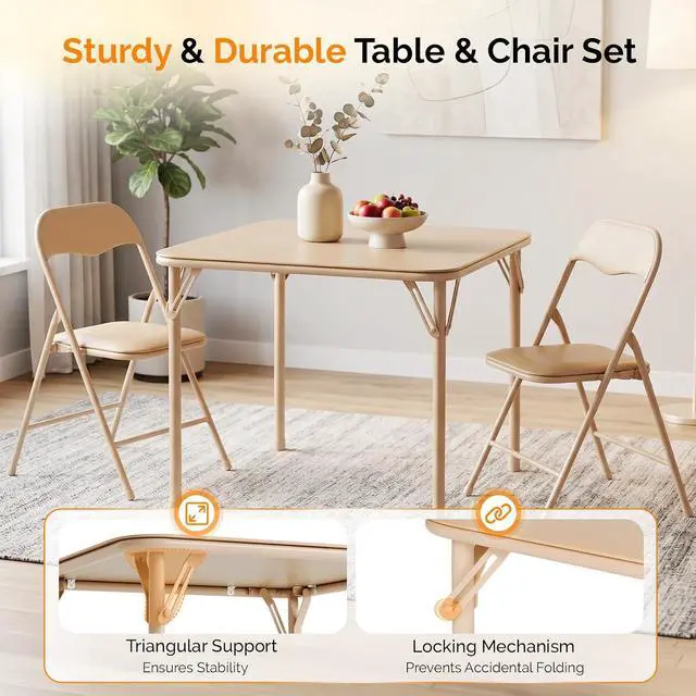 Alt view image 6 of 7 - VINGLI 5-Piece Padded Folding Card Table and Chairs Set, Khaki | Portable Folding Table & 4 Chair Set with Padded Vinyl Top Party, Game Night & Family Events