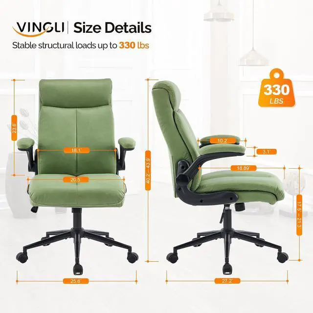 Alt view image 2 of 7 - VINGLI Rolling Ergonomic Office Desk Chair with Padded Flip-up Arms, 360° Swivel High Back Executive Computer Task Chair with Wheels for Game,Home Small Space, Study Room, Reading Room,Pu Green
