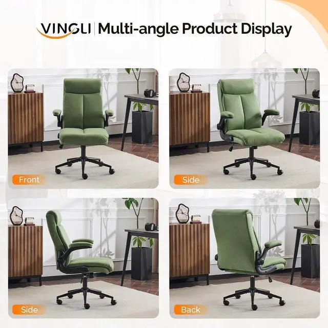 Alt view image 3 of 7 - VINGLI Rolling Ergonomic Office Desk Chair with Padded Flip-up Arms, 360° Swivel High Back Executive Computer Task Chair with Wheels for Game,Home Small Space, Study Room, Reading Room,Pu Green