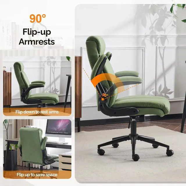Alt view image 5 of 7 - VINGLI Rolling Ergonomic Office Desk Chair with Padded Flip-up Arms, 360° Swivel High Back Executive Computer Task Chair with Wheels for Game,Home Small Space, Study Room, Reading Room,Pu Green