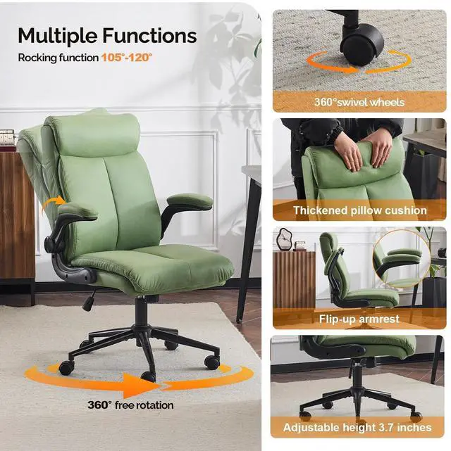 Alt view image 4 of 7 - VINGLI Rolling Ergonomic Office Desk Chair with Padded Flip-up Arms, 360° Swivel High Back Executive Computer Task Chair with Wheels for Game,Home Small Space, Study Room, Reading Room,Pu Green