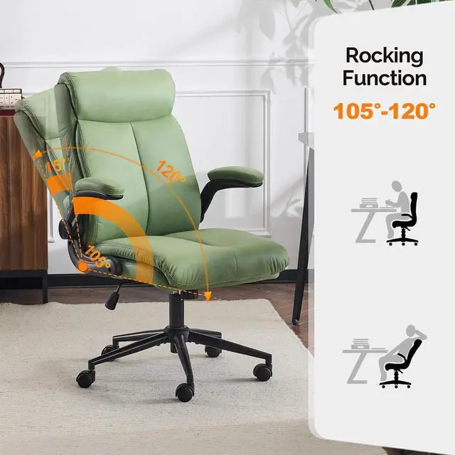 Alt view image 6 of 7 - VINGLI Rolling Ergonomic Office Desk Chair with Padded Flip-up Arms, 360° Swivel High Back Executive Computer Task Chair with Wheels for Game,Home Small Space, Study Room, Reading Room,Pu Green