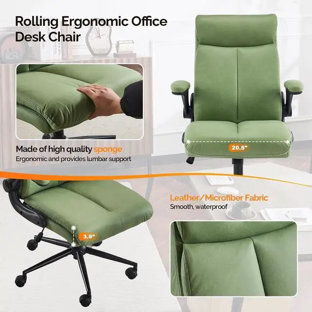 Alt view image 7 of 7 - VINGLI Rolling Ergonomic Office Desk Chair with Padded Flip-up Arms, 360° Swivel High Back Executive Computer Task Chair with Wheels for Game,Home Small Space, Study Room, Reading Room,Pu Green