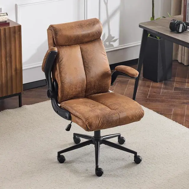 Main image of VINGLI Microfiber Brown Rolling Ergonomic Office Desk Chair with Padded Flip-up Arms, 360°Swivel High Back Executive Computer Chair with Wheels for GameHome Small Space, Study Room, Reading Room