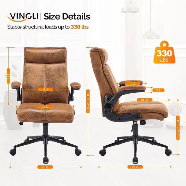 Alt view image 2 of 7 - VINGLI Microfiber Brown Rolling Ergonomic Office Desk Chair with Padded Flip-up Arms, 360°Swivel High Back Executive Computer Chair with Wheels for GameHome Small Space, Study Room, Reading Room
