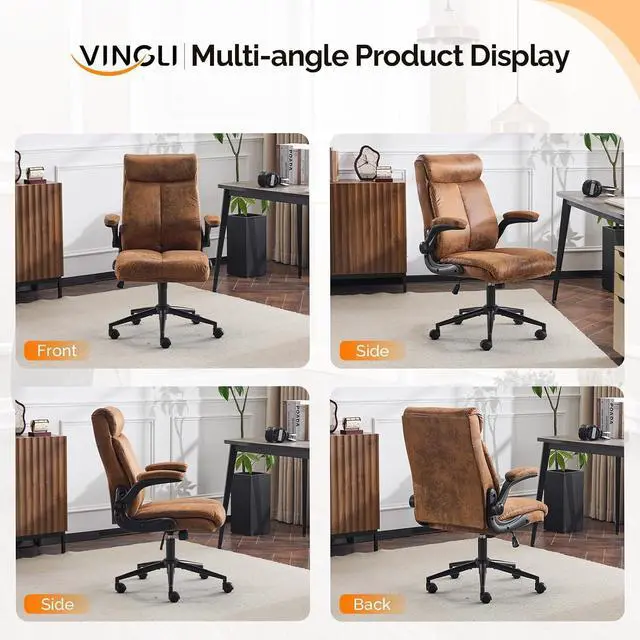 Alt view image 3 of 7 - VINGLI Microfiber Brown Rolling Ergonomic Office Desk Chair with Padded Flip-up Arms, 360°Swivel High Back Executive Computer Chair with Wheels for GameHome Small Space, Study Room, Reading Room