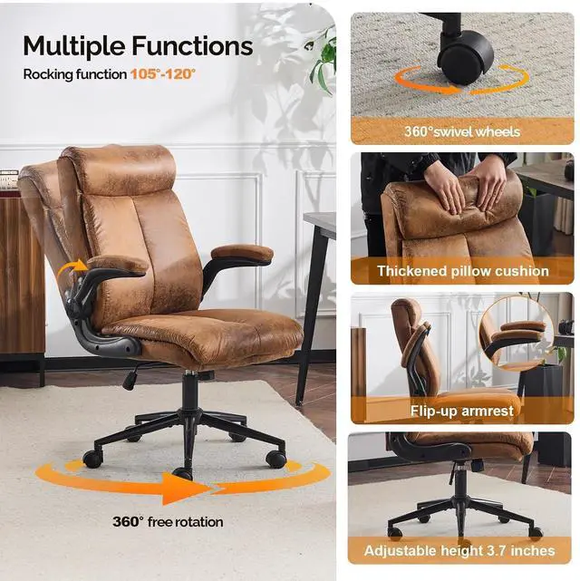 Alt view image 4 of 7 - VINGLI Microfiber Brown Rolling Ergonomic Office Desk Chair with Padded Flip-up Arms, 360°Swivel High Back Executive Computer Chair with Wheels for GameHome Small Space, Study Room, Reading Room