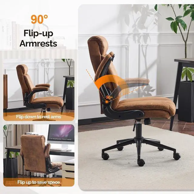 Alt view image 5 of 7 - VINGLI Microfiber Brown Rolling Ergonomic Office Desk Chair with Padded Flip-up Arms, 360°Swivel High Back Executive Computer Chair with Wheels for GameHome Small Space, Study Room, Reading Room