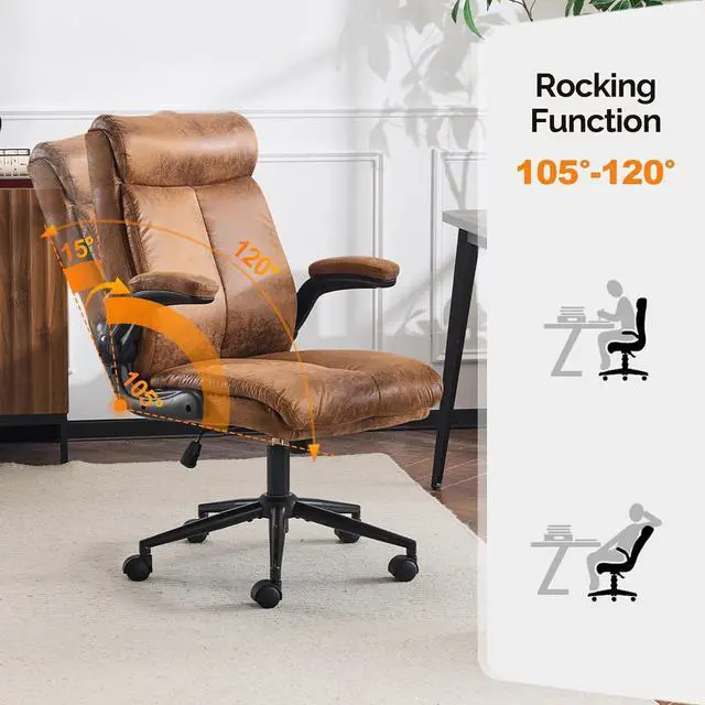 Alt view image 6 of 7 - VINGLI Microfiber Brown Rolling Ergonomic Office Desk Chair with Padded Flip-up Arms, 360°Swivel High Back Executive Computer Chair with Wheels for GameHome Small Space, Study Room, Reading Room