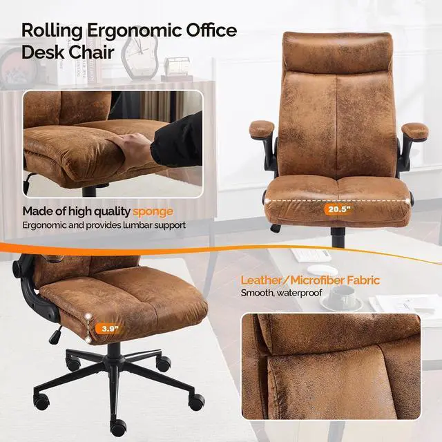 Alt view image 7 of 7 - VINGLI Microfiber Brown Rolling Ergonomic Office Desk Chair with Padded Flip-up Arms, 360°Swivel High Back Executive Computer Chair with Wheels for GameHome Small Space, Study Room, Reading Room