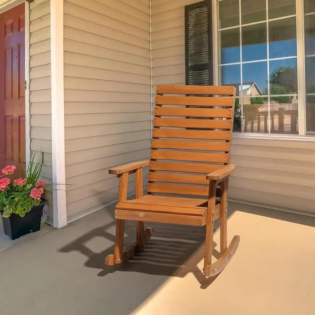 Alt view image 2 of 7 - VINGLI Wooden Rocking Chair with High Backrest, Solid Fir Wood, Heavy Duty 600 LBS Patio Rockers for Indoor and Outdoor, Garden, Yard, Patio
