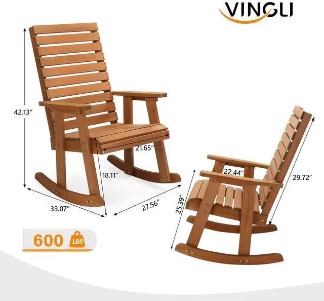 Alt view image 3 of 7 - VINGLI Wooden Rocking Chair with High Backrest, Solid Fir Wood, Heavy Duty 600 LBS Patio Rockers for Indoor and Outdoor, Garden, Yard, Patio