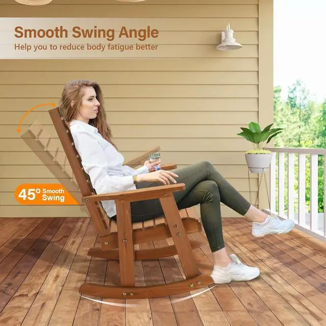 Alt view image 4 of 7 - VINGLI Wooden Rocking Chair with High Backrest, Solid Fir Wood, Heavy Duty 600 LBS Patio Rockers for Indoor and Outdoor, Garden, Yard, Patio