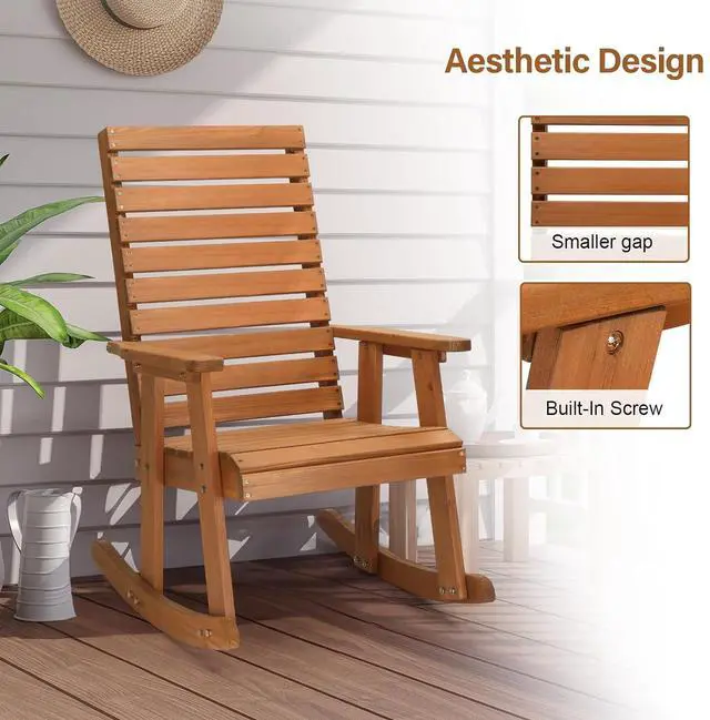 Alt view image 5 of 7 - VINGLI Wooden Rocking Chair with High Backrest, Solid Fir Wood, Heavy Duty 600 LBS Patio Rockers for Indoor and Outdoor, Garden, Yard, Patio