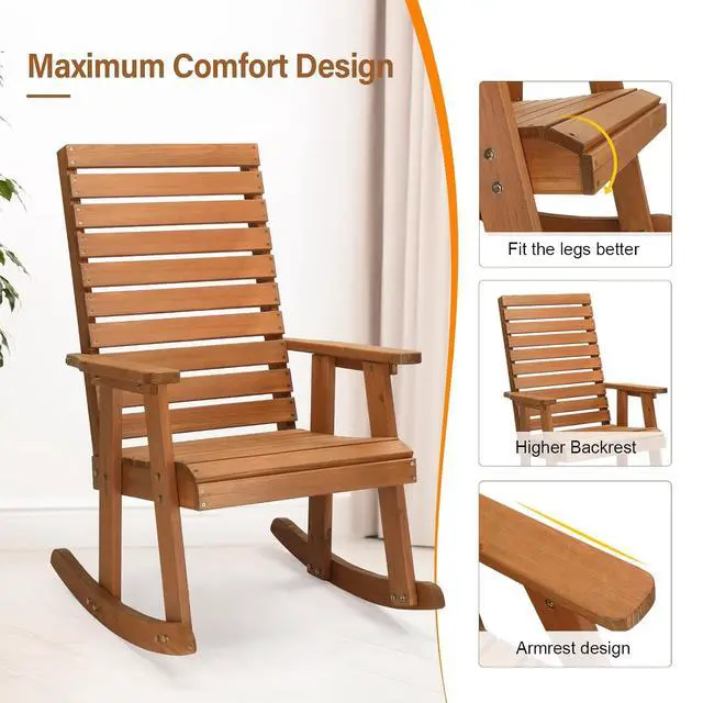 Alt view image 6 of 7 - VINGLI Wooden Rocking Chair with High Backrest, Solid Fir Wood, Heavy Duty 600 LBS Patio Rockers for Indoor and Outdoor, Garden, Yard, Patio