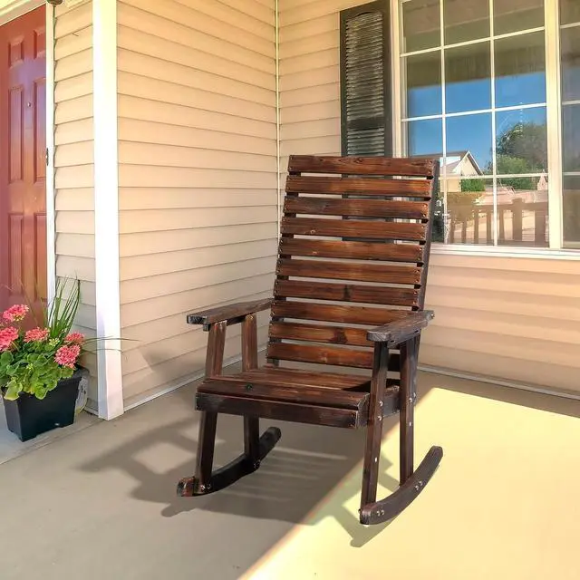 Alt view image 2 of 7 - VINGLI Wooden Rocking Chair with High Backrest, Solid Fir Wood, Heavy Duty 600 LBS Patio Rockers for Indoor and Outdoor, Garden, Yard, Patio, Rustic