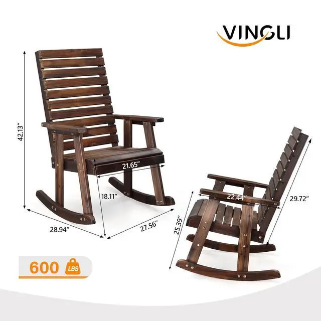 Alt view image 3 of 7 - VINGLI Wooden Rocking Chair with High Backrest, Solid Fir Wood, Heavy Duty 600 LBS Patio Rockers for Indoor and Outdoor, Garden, Yard, Patio, Rustic