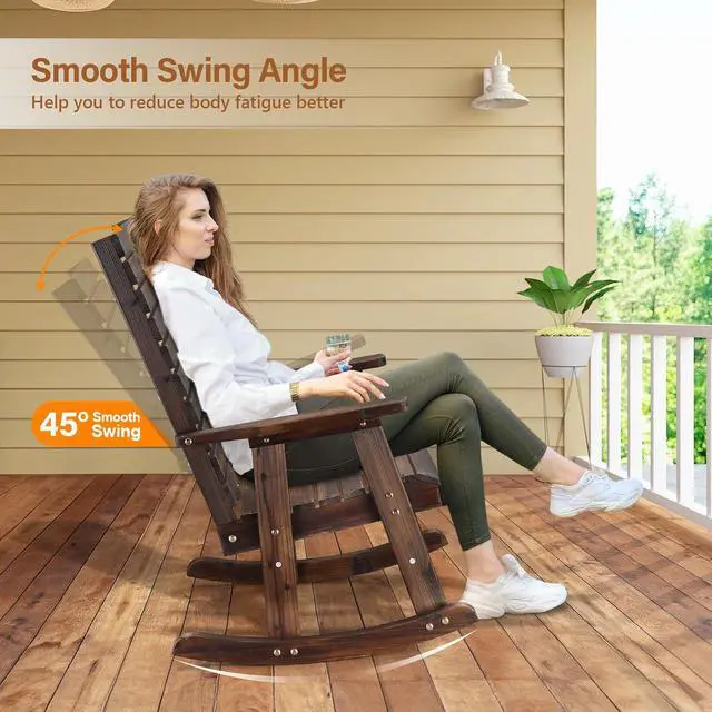 Alt view image 4 of 7 - VINGLI Wooden Rocking Chair with High Backrest, Solid Fir Wood, Heavy Duty 600 LBS Patio Rockers for Indoor and Outdoor, Garden, Yard, Patio, Rustic