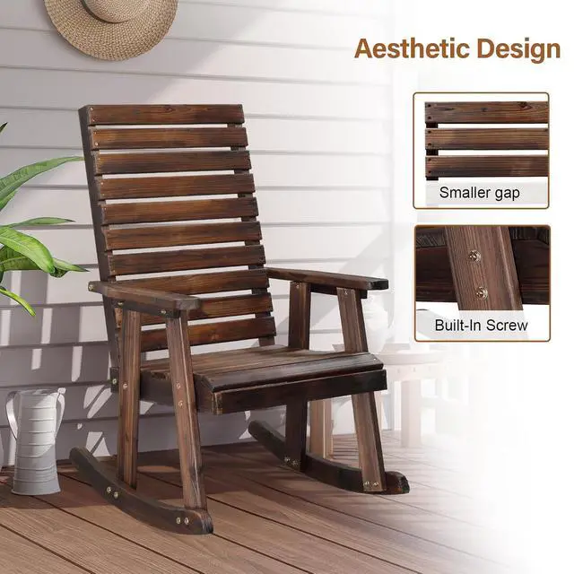 Alt view image 5 of 7 - VINGLI Wooden Rocking Chair with High Backrest, Solid Fir Wood, Heavy Duty 600 LBS Patio Rockers for Indoor and Outdoor, Garden, Yard, Patio, Rustic