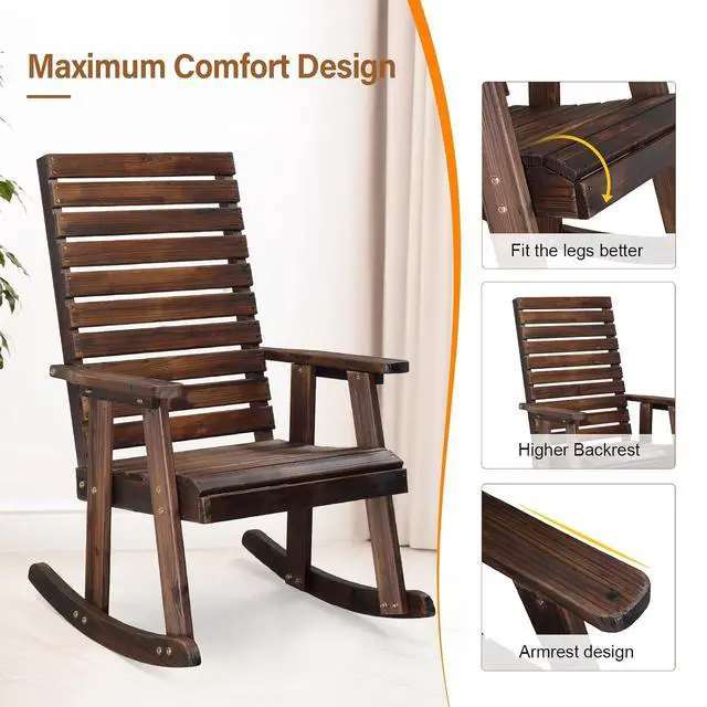 Alt view image 6 of 7 - VINGLI Wooden Rocking Chair with High Backrest, Solid Fir Wood, Heavy Duty 600 LBS Patio Rockers for Indoor and Outdoor, Garden, Yard, Patio, Rustic